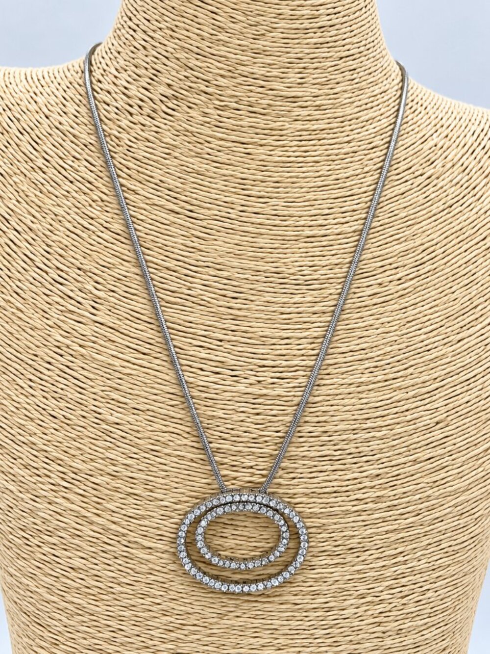 Premier Designs Silver Tone Rhinestone Double Oval Pendant Necklace